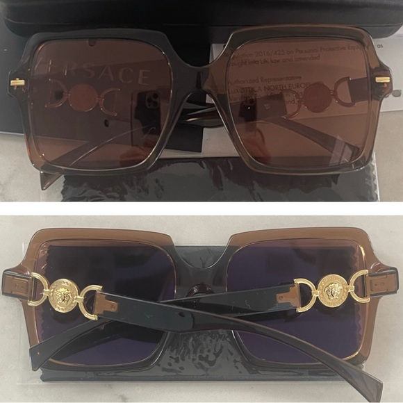VERSACE LOGO MEDALLIONS FOR A SIGNATURE STATEMENT ON TRANSPARENT BROWN SUNNIES - Picture 3 of 16